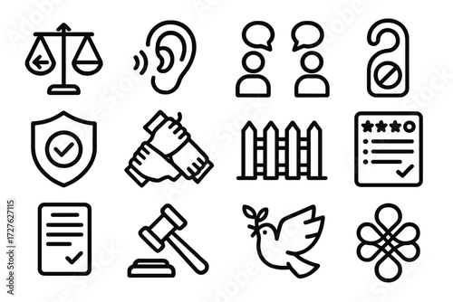 Workplace Respect Icons. Respectful work environment icons in outline style: balance arrows, listening ear, two people talking, do not disturb sign,