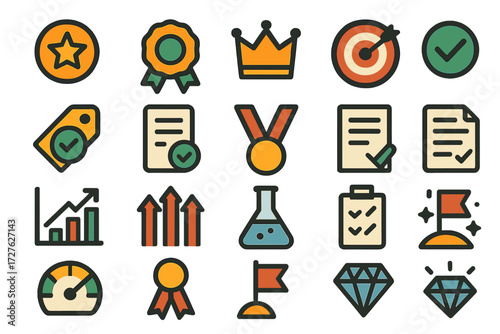 Quality Icons. Quality assurance set of icons in abstract flat : star badge, ribbon seal, approval crown, target icon, validated product tag,