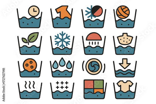 Laundry Cycle Icons. Wash cycles set of icons in abstract flat : quick wash, heavy duty, delicate, wool, eco wash, cold wash, hot wash, pre-soak,