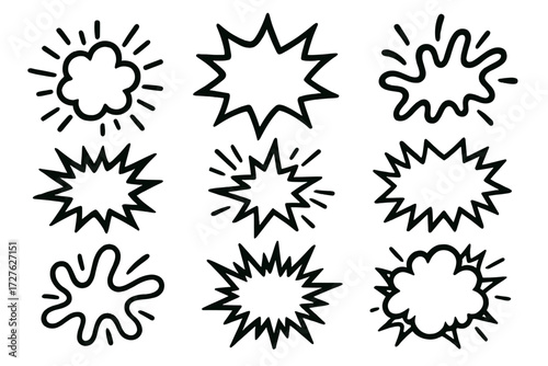 Comic Sound Icons. Concepts icons in outline style: sound effect burst, comic noise, expressive sound mark, dramatic action sound, exaggerated sound
