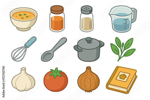 Isometric Cooking Icons. Cooking with blender set icons in modern isometric flat : soup bowl, sauce jar, spice shaker, measuring cup, whisk, spoon,