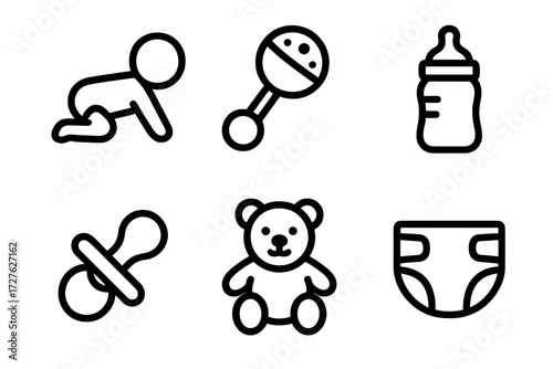 Baby Icon Set. Baby icons icons in outline style: crawling motion, rattle, milk bottle, pacifier, teddy bear, diaper