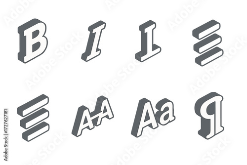 Typography Icon Set. Typography styles set icons in modern isometric flat : bold font, italic font, underline, strikethrough, text alignment, letter