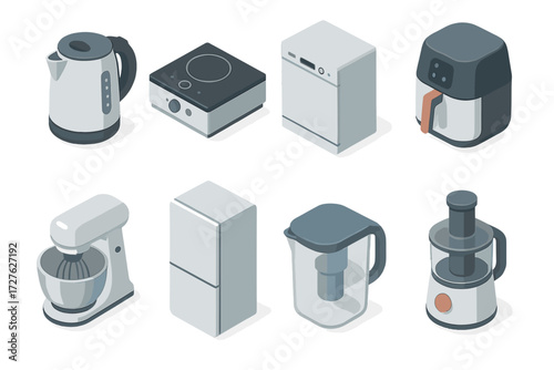 Modern Kitchen Icons. Modern kitchen set icons in modern isometric flat : electric kettle, induction stove, dishwasher, air fryer, mixer, fridge,