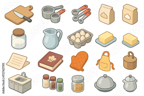 Modern Kitchen Setup Icons. Kitchen setup set icons in modern isometric flat : cutting board, knife, measuring cups, measuring spoons, flour bag,