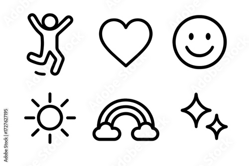 Joyful Icons Collection. Joyful moment icons in outline style: victory leap, heart, smile face, sunshine, rainbow, sparkles