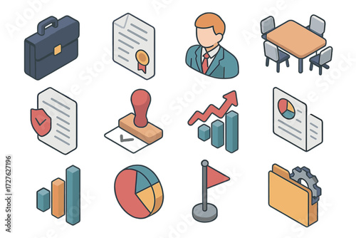 Business Insight Icons. Business user insight set icons in modern isometric flat : briefcase, contract paper, supervisor figure, meeting table, policy