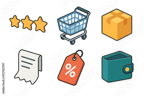 E-commerce Icon Set. E-commerce set icons in modern isometric flat : rating stars, shopping cart, product box, receipt, discount tag, wallet