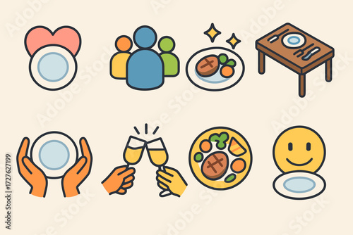 Isometric Food Icons. Symbols set icons in modern isometric flat : heart with plate, group of people icon, food with sparkles, table with dishes,