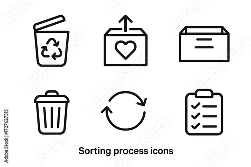Organized Icons Set. Sorting process icons in outline style: recycle bin, donation box, keep box, trash can, arrows cycle, checklist