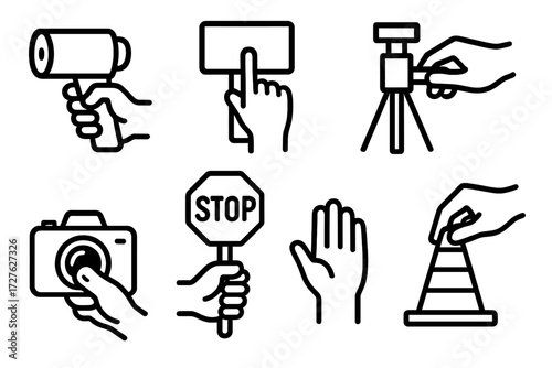 Hand Gesture Icons. Gestures icons in outline style: hand holding radar gun, hand pointing at sign, hand adjusting tripod, hand pressing camera
