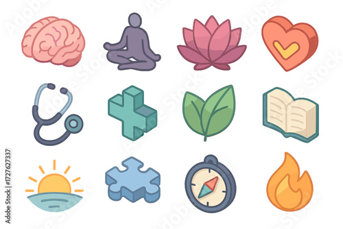 Mental Health Icons. Mental health support set icons in modern isometric flat : brain icon, mindfulness pose, lotus flower, wellness heart,