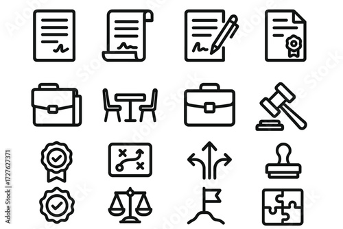 Business Icons Collection. Business and deals icons in outline style: signed contract, agreement scroll, pen and paper, document with seal, contract