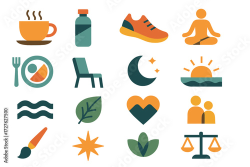 Productivity Balance Icons. Productivity balance set of icons in abstract flat : coffee cup, water bottle, exercise shoe, yoga pose, lunch plate,