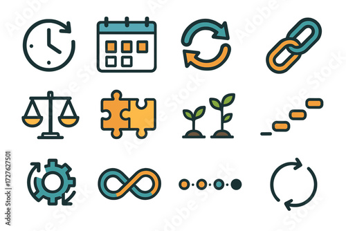 Consistency Icons Collection. Work consistency symbols in modern flat vector : clock with repeat arrow, calendar days in a row, loop cycle, chain