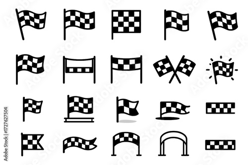 Racing Icon Collection. Racing basics icons in outline style: waving checkered flag, still checkered flag, folded flag, flag on pole, flag in wind,