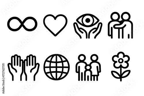 Emotional Connections Icons. Emotional ties icons in outline style: bond symbol, heart, caring eyes, hug, raised hands, globe, family group, flower.