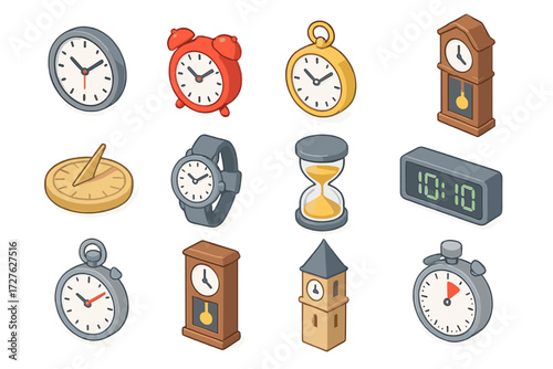 Classic Clock Icons. Classic clock faces set icons in modern isometric flat : round wall clock, alarm clock, pocket watch, grandfather clock, sundial,