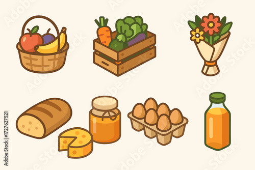 Isometric Food Icons. Objects set icons in modern isometric flat : fruit basket, vegetable crate, bread loaf, jar of honey, flower bouquet, cheese