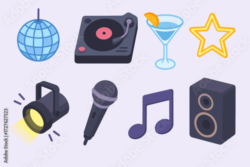 Isometric Party Icons. Objects set icons in modern isometric flat : disco ball, turntable, cocktail glass, neon star, spotlight, microphone, music
