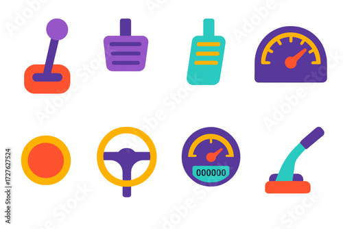 Car Controls Illustrated. Car control in modern flat vector : gear shift, brake pedal, clutch pedal, dashboard, ignition button, steering column,