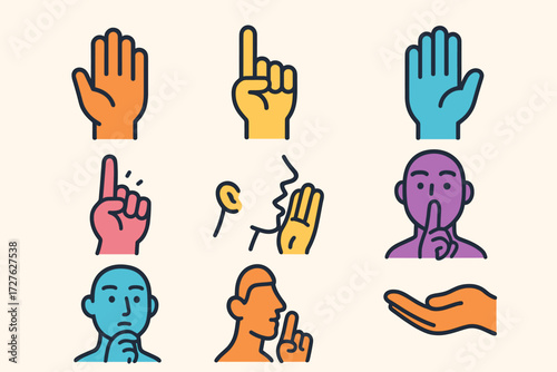 Expressive Hand Gestures. Gestures in modern flat vector : hand raised, finger pointing upward, open palm forward, finger wagging, hand cupped near