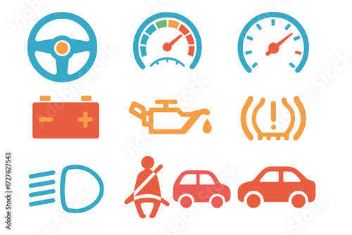 Minimalist Car Dashboard. Car dashboard in modern flat vector : steering wheel, tachometer, odometer, battery light, oil light, engine icon, tire
