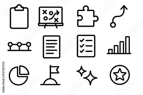 Board Game Icons. Basic strategy board icons in outline style: clipboard, chalkboard, puzzle piece, path arrow, timeline chart, document with lines,