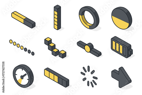 Isometric Progress Bars. Basic progress bars set icons in modern isometric flat : horizontal bar, vertical bar, circular ring, half-filled circle,