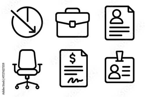Job Market Icons. Job market icons in outline style: unemployment rate, briefcase, resume paper, office chair, contract paper, ID badge