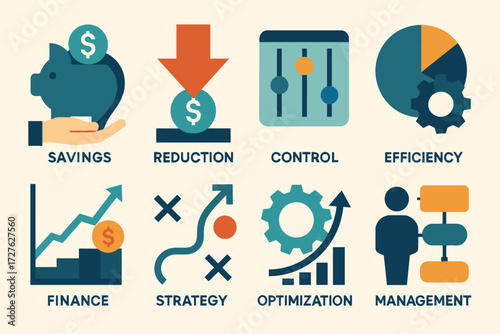 Finance Icons. Concepts set of icons in abstract flat : savings, reduction, control, efficiency, finance, strategy, optimization, management