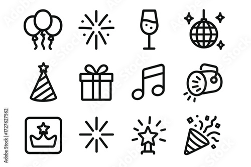 Party Celebration Icons. Celebration trophy lift icons in outline style: balloons, firework burst, champagne glass, disco ball, party hat, gift box,