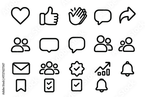 Social Media Icons. Engagement icons icons in outline style: like heart, thumbs up, clapping hands, share arrow, group avatars, follow button,