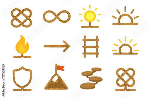 Isometric Icon Collection. Symbolic pulling rope set icons in modern isometric flat : harmony knot, infinity loop, glowing aura, radiant sun,