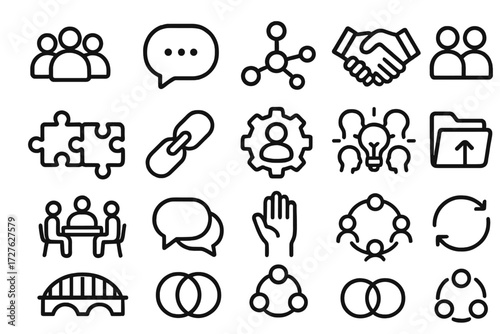 Collaboration Icons Collection. Collaboration icons in outline style: group avatars, chat bubble, shared nodes, handshake, puzzle connection, linked