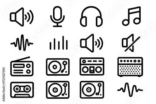 Audio Icon Collection. Audio & control icons in outline style: speaker, microphone, headphones, music note, sound wave, equalizer bars, volume up,