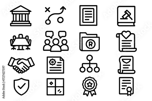 Business Governance Icons. Business governance icons in outline style: government building, strategy chart, policy framework, reporting arrows,