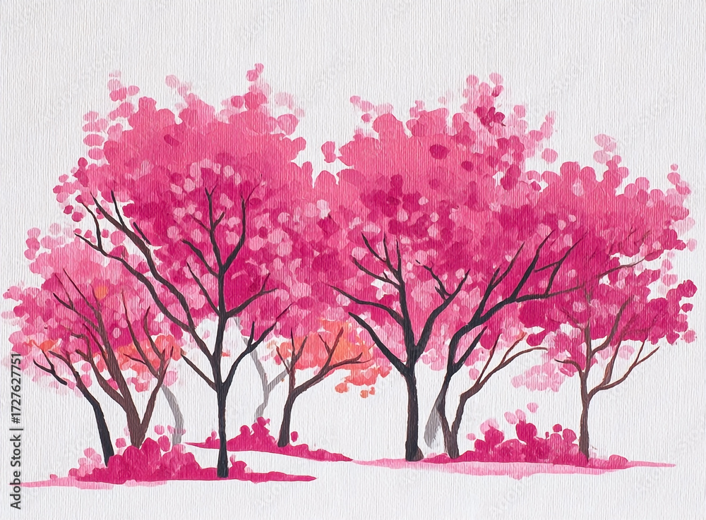 Fototapeta premium Watercolor painting of pink trees in full bloom against a bright white background creating a sense