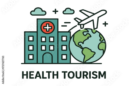 Global health tourism concept with hospital and airplane traveling around earth