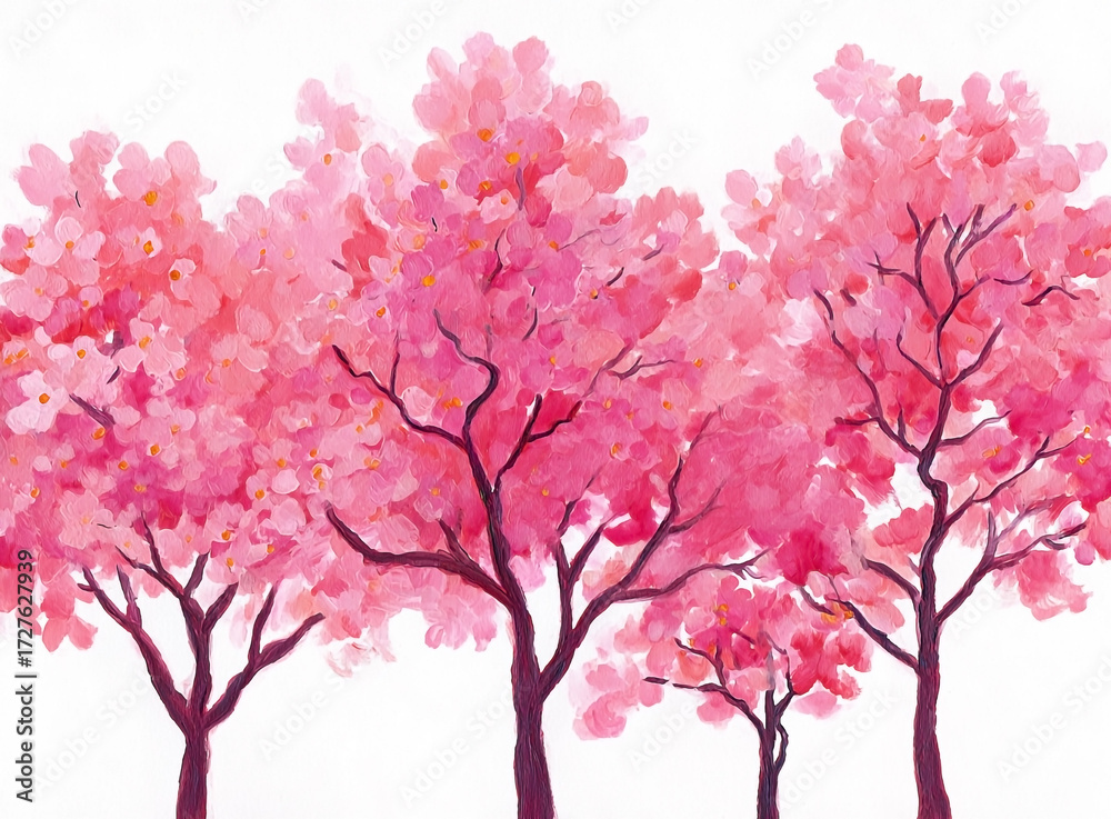 Fototapeta premium Pink blossom trees watercolor painting in full bloom against a white background