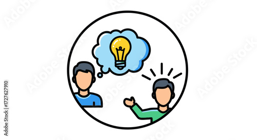 Two people communicating with a bright idea lightbulb in a thought bubble.