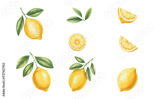 Watercolor lemon branch with green leaves and whole ripe fruit. Fresh yellow lemon and juicy citrus slices in watercolor style.