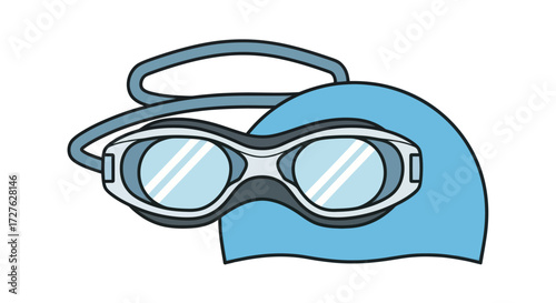 Swimming Goggles and Cap Set: Blue and Gray Design.