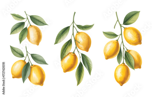 Watercolor lemon branch with green leaves and whole ripe fruit. Fresh yellow lemon and juicy citrus slices in watercolor style.