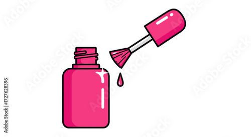 Pink Nail Polish Bottle with Dropping Polish and Applicator Brush.
