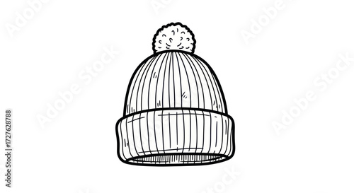 Detailed Black and White Knitted Winter Hat with Pom-Pom.