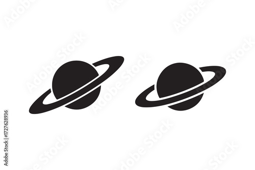 Simple black silhouette planets with rings on clean background