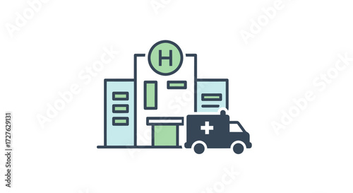 Modern Hospital Building with Ambulance Icon.