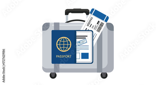 Silver Suitcase with Passport and Boarding Pass for Travel.