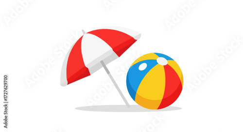 Red and white striped beach umbrella with a colorful beach ball.